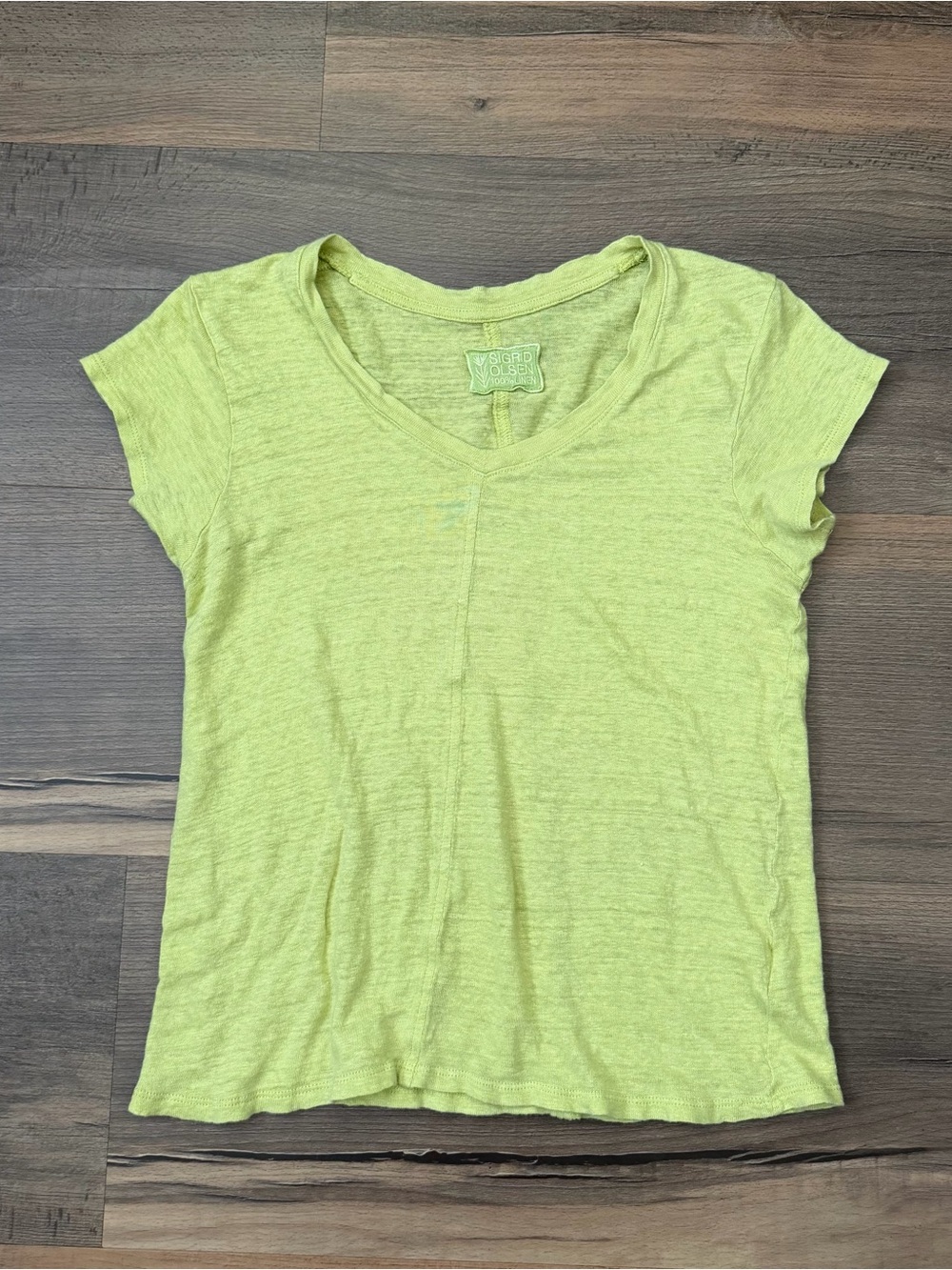 Sigrid Olsen Lime Green Linen V-Neck Tee Size Small